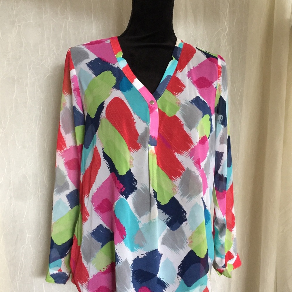 Liz Claiborne Sheer Abstract V-Neck Blouse Multi-color Size PM